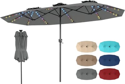 COSTWAY Dubbele parasol 375 x 200 cm, dubbele parasol met led-verlichting op zonne-energie, 12 verlichtingsstanden, 2 oplaadmogelijkheden, tuinparasol met slinger, terrasparasol, marktparasol (grijs)