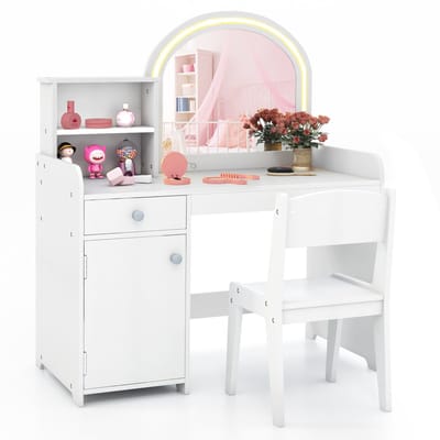 COSTWAY 2-in-1 kinderkaptafelset, kaptafel met kruk, ledverlichting, spiegel, kast en lade, make-uptafel van hout voor meisjes, voor kinderen vanaf 3 jaar (wit)
