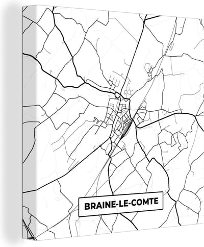 Canvas Schilderij Stadskaart – Zwart Wit - Kaart – Braine le Comte – België – Plattegrond - 20x20 cm - Wanddecoratie