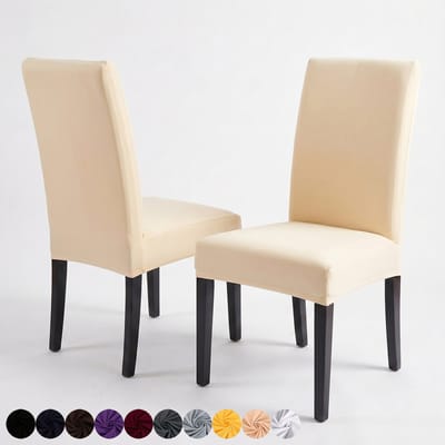 Qelus Stretch Eetkamerstoel Hoezen - Set Spandex Stoelhoes met Bloemen & Ruitpatroon - Afneembare Stoelbeschermer voor Woonkamer, Bruiloft & Feest Banket - Beige - 1 Stuk