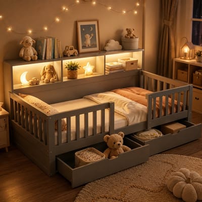 Kinderbed 90x200 cm - Eenpersoonsbed - Multifunctioneel bed - Vloerbed - Met veiligheidsleuning - Met opbergruimte - Met led-lichtstrip - Met lades - Grijs