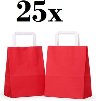 25 x Rode Draagtassen Van Gekleurd Kraftpapier Met Platte Oren 22 x 10 x 28cm / papieren tassen / Kraft Papieren Tasjes Met Handvat/ Cadeautasjes rood met vlak handgrepen / Zakjes/