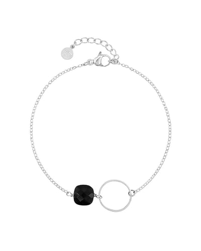 Mint15 Armband 'Infinity' Ring met vierkante steen - Zwarte Obsidiaan - Zilverkleur RVS/Stainless Steel