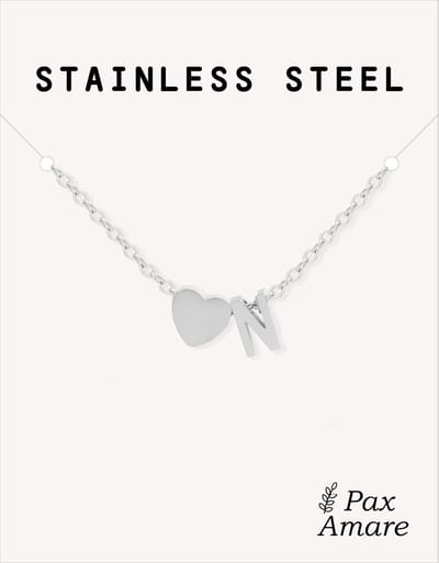Letter N Ketting Zilverkleurig - Stainless Steel - Initiaal & Hartje Hanger - Initialen Ketting op Cadeau Kaartje - Pax Amare