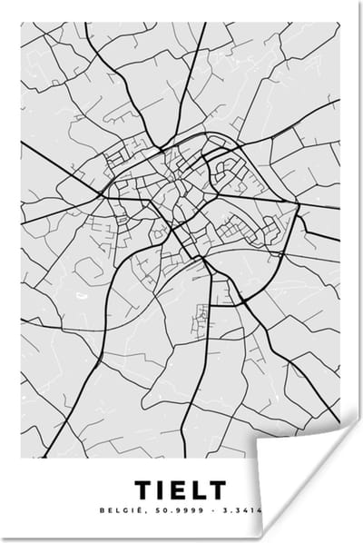 Poster Zwart Wit – België – Plattegrond – Stadskaart – Kaart – Tielt - 120x180 cm XXL