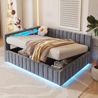 DESMIU Gestoffeerd Bed 140x200cm - Bed Met Hydraulische Opbergruimte - Hoofdbord Met Ledverlichting En Usb Oplaadpoort - Voor Slaapkamer Of Logeerkamer - Fluweel - Grijs - Zonder Matras