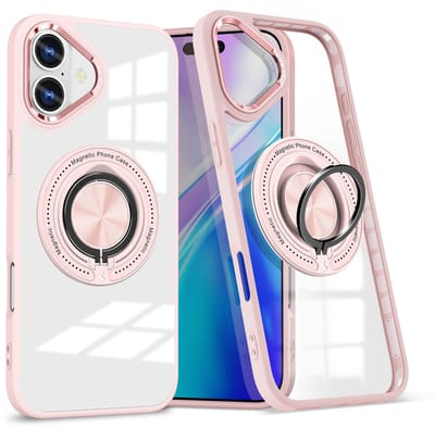 Magsafe Hoesje Geschikt voor iPhone 16 Plus hoesje Rose Goud Transparant - Met kickstand Draaibare Ring Houder