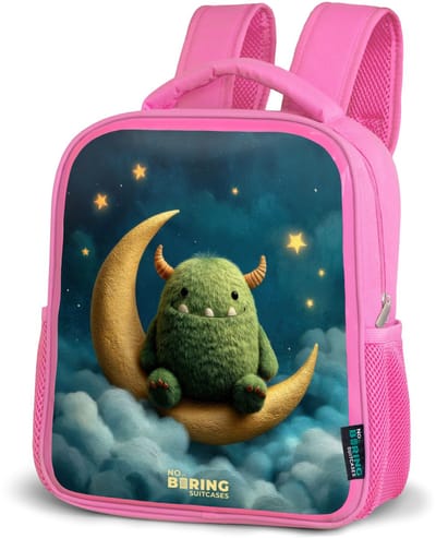 NoBoringSuitcases.com® - Rugzak roze - Schooltas meisjes - Groen monster op maansikkel - Kinder rugtas meisje - Boekentas kind - Kinderrugzak voor school - Schoolrugzak
