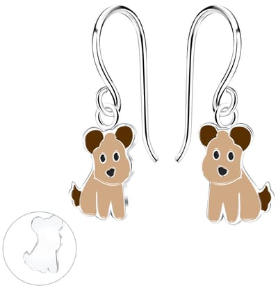 Joy|S - Zilveren hondje oorbellen - massieve hond bedel - bruin - oorhangers - sterling zilver 925 - kinderoorbellen