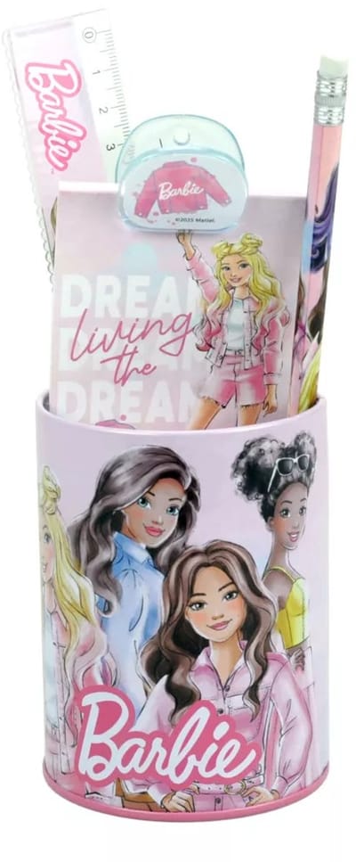 Barbie Paints schrijfwarenset voor kinderen - Voor school of thuis - 1 liniaal, 1 potlood, 1 notitieboekje, 1 gum, 1 puntenslijper, 1 pennenhouder, 1 paperclip - Schoolspullen - Roze