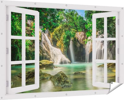 Gards Tuinposter Doorkijk Tropische Waterval - 180x120 cm - Tuindoek - Tuindecoratie - Wanddecoratie buiten - Tuinschilderij