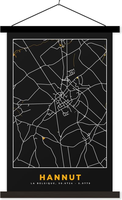 Posterhanger incl. Poster 40x60 cm - Schoolplaat - Kaart - Hannut - Goud - Stadskaart - Plattegrond - Textielposter - Zwarte latten - Stadskaart