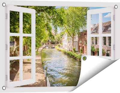Gards Tuinposter Doorkijk Oudegracht in Utrecht - 60x40 cm - Tuindoek - Tuindecoratie - Wanddecoratie buiten - Tuinschilderij