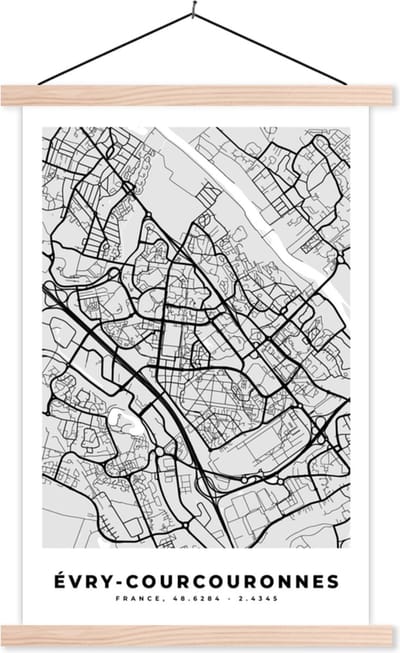 Posterhanger incl. Poster 40x60 cm - Schoolplaat - Stadskaart - Frankrijk - Kaart - Évry-Courcouronnes - Plattegrond - Textielposter - Blanke latten - Stadskaart