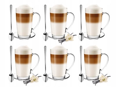 Set bevat 6 Alex Glazen Mokken met Schotels en Lepels - 400ml
