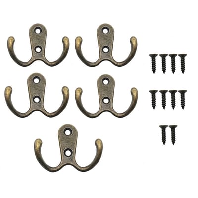 Oud bronskleurige metalen kapstok haak dames en heren dubbele wandhaak set van 5 jashaken voor handdoeken sleutels jassen en hoeden inclusief schroeven vintage utility muur haken