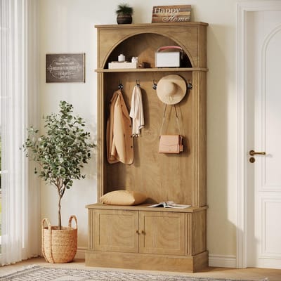 LITTLE TREE 4-in-1 Gang Kapstok - Schoenenbank met kastdeur - Verstelbare 2-laags opbergruimte - Rustiek bruin - 83 x 35 x 180 cm