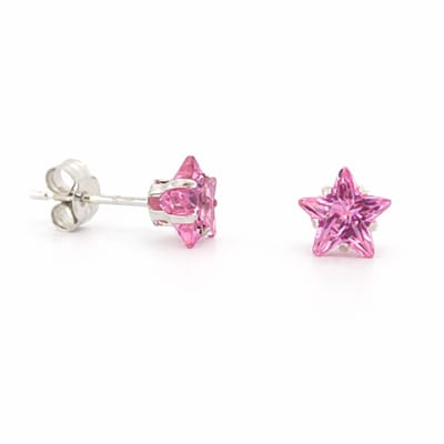 Zilveren ster oorknopjes - oorstekers 925 - 6mm roze zirkonia steen in zetting