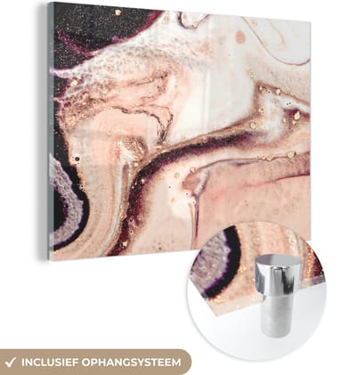 MuchoWow® Glasschilderij 40x30 cm - Schilderij acrylglas - Steen - Marmer - Edelsteen - Abstract - Natuur - Roze - Foto op glas - Schilderijen