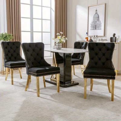 Eetkamerstoel – Keukenstoel – Woonkamerstoel – Stoel – Set van 4 – Uniek Rond Handvat – Gouden Roestvrijstalen Poten Met Spijkerbespijkering – Zwarte Stof