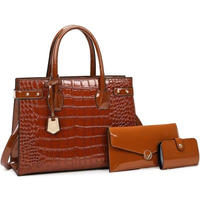 Europese en Amerikaanse Retro Dameshandtas Trendy Dames Tas Driedelige Set Krokodillenpatroon Klinknagel Dames Schoudertas Portemonnee brown