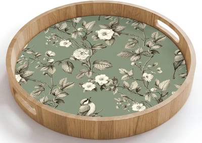 Dienblad rond 40x40 cm - Schootdienblad hout - Botanisch - Vogels - Groen - Borrelplank rechthoek - Plateau houten dienbladen