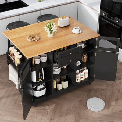 MODENUIT Keukeneiland - Met Uitklapbaar Blad En Wielen - Voor Keuken En Eethoek - MDF En Metaal - Zwart 140 cm