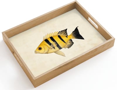 Dienblad hout 40x30 cm - Schootdienblad - Geel - Vis - Strepen - Tropisch - Borrelplank rechthoek - Plateau dienbladen