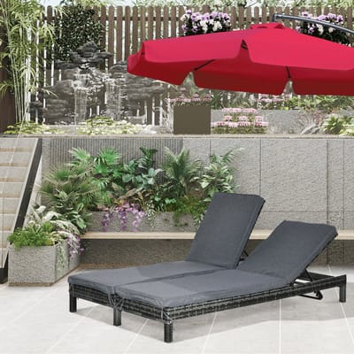 MODFU - Dubbele Ligstoel - 5-Standen Verstelbare Rugleuning - Metalen Frame - Rattan - Grijs
