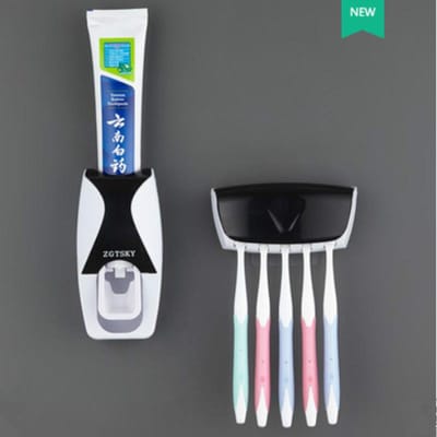 Automatische tandpastadispenser Wandmontage Stofdichte tandenborstelhouder Wandmontage Badkameraccessoires Set Knijper zwart