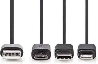 Nedis 3-in-1-Kabel - USB 2.0 - USB-A Male - Apple Lightning 8-Pins / USB Micro-B Male / USB-C Male - 480 Mbps - 1.00 m - Vernikkeld - Rond - PVC - Zwart - Label