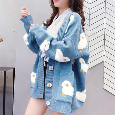 Vrouwen Oversized Breien Cardigan Jas Schattige Schapen Knopen Voorkant met Zak Losse Trui Casual One Size blauw