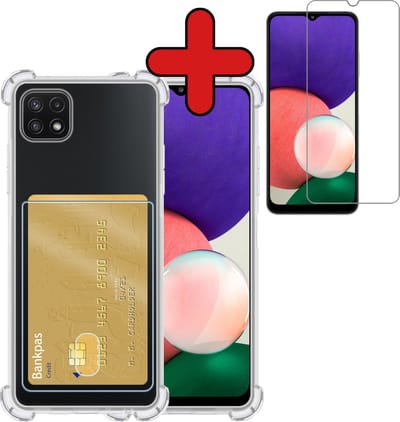 Hoesje - Geschikt voor Samsung Galaxy A22 5G - Met Screenprotector - Pashouder - Kaarthouder - Back Cover - Telefoon Hoes Shockproof - Siliconen Case - Shock Proof - Pasjes Houder - Telefoonhoes - Transparant