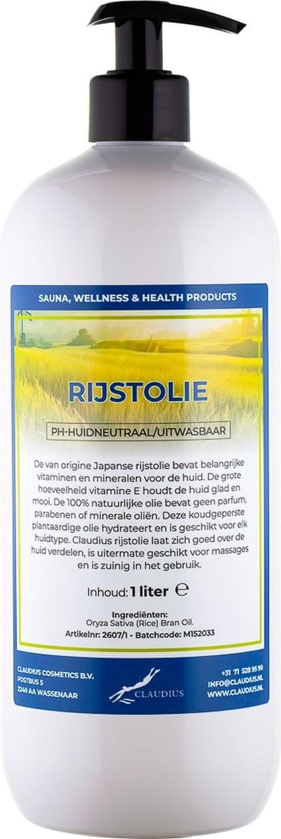 Rijstolie 1 liter met gratis pomp - 100% natuurlijk en koud geperst - goed voor huid, haar en lichaam