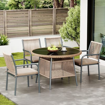 Wishdor - 5-Delige Tuinmeubelset - Ronde Eettafel Met Veiligheidsglas - 4 Stoelen Met Touwvlecht Rugleuning - IJzeren Frame - Grijs