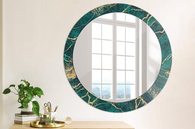 Wallfluent Bedrukte Ronde Spiegel - Ronde Spiegel Met Print Groen Marmer - 80 cm / 66 cm - Gouden - Gouden Ronde Wandspiegel Met Print - Inloopkastspiegel - Badkamerspiegel - Toiletspiegel - Hangspiegel