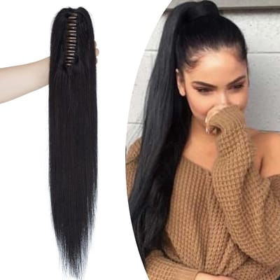 Natuurlijke Haar Ponytail Extensions met Clip - 100% Remy Haarstuk, Steil, 35 cm, Zwart #1, Ideaal voor Volumineuze Kapsels en Gemakkelijke Styling