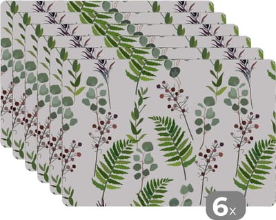 Placemat - Placemats kunststof - Planten - Patronen - Bladeren - Kruiden - 45x30 cm - 6 stuks - Hittebestendig - Anti-Slip - Onderlegger - Afneembaar