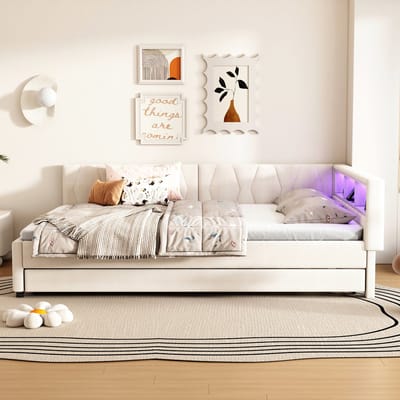 Wishdor Bedbank 140x200 cm - Met Uitschuifbed, LED & USB-C - Hoofdbord met Opbergvakken - Smart & Stijlvol - Linnen - Beige