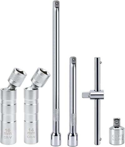 Bougiesleutel set 14 mm en 16 mm met magnetische dunwandige moer, 12-kant en 3/8 inch aandrijving, CR-V staal, verlengstang en T-greep schuifsleutel voor eenvoudig gebruik