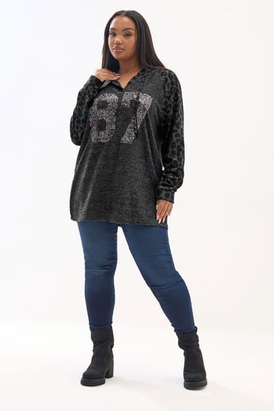 Yours Charcoal Grey Leopard Sequin '87' Varsity Hoodie Size 42