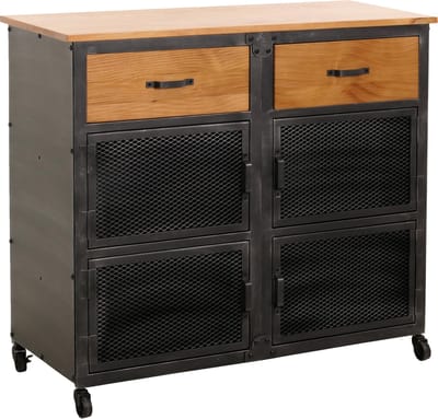 Werkplaatswagen MCW-N28, wagen, wielen 2 laden, 3D structuur metaal hout 90x100x40cm ~ zwart, naturel