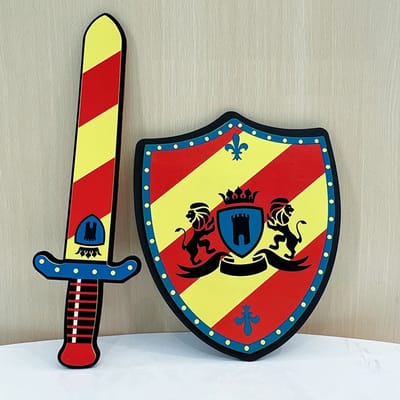 Ridderzwaard en schild speelgoed / Zwaard en schild van schuim voor kinderen / Veilig simulatiezwaard en schild van spons / Oefenzwaard en schild Geel Rood