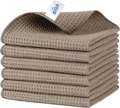 Zachte Microvezeldoeken Wafeldoeken - 6 Stuks Zandbruin, Herbruikbare en Absorberende Reinigingsdoeken