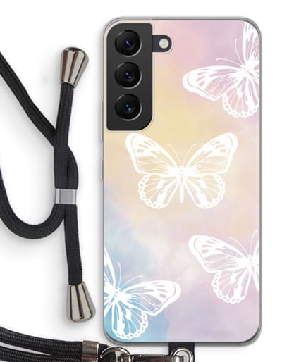 Case Company® - Hoesje met koord geschikt voor Samsung Galaxy S22 hoesje met Koord - White butterfly - Telefoonhoesje met Zwart Koord - Bescherming aan alle Kanten en Over de Schermrand