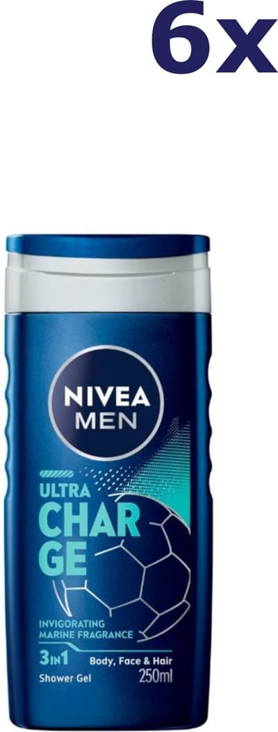 Nivea Men Ultra Charge Body, Face & Hair Shower Gel - 6 x 250 ml