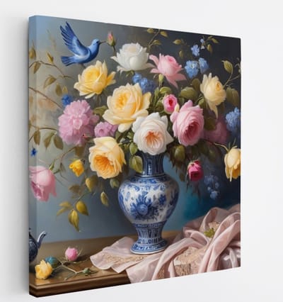 Saammp Canvas Schilderij - Bloemen Boeket in Blauwe Vaas - Natuur - Abstract - 20x20 - Foto op canvas - Wanddecoratie - Muurdecoratie Woonkamer - Kantoor Decoratie