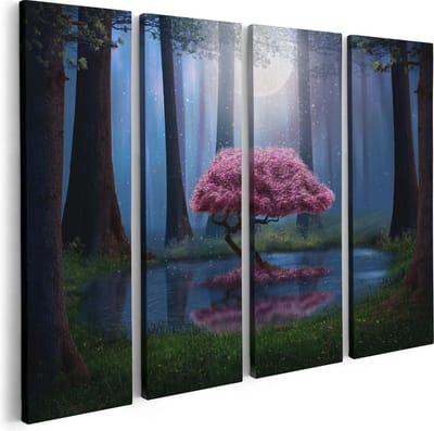 Artaza Canvas Schilderij Vierluik Roze Boom Op Een Vijver In De Nacht - 80x60 - Foto Op Canvas - Canvas Print