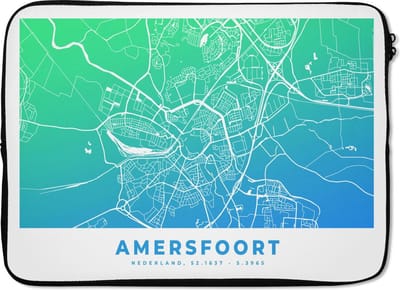 Laptophoes 14 inch - Stadskaart - Amersfoort - Blauw - Groen - Laptop sleeve - Binnenmaat 33x23 cm - Zwarte achterkant