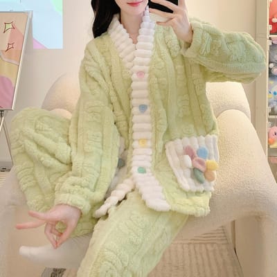 Dames Warme Pyjama Sets Winter Dikke Winter Koraalfleece Nachtkleding Flanel Plus Size Pyjama's Nachtkleding Huiskleding 4XL beige